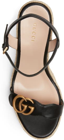 Leather Wedge Espadrille Sandals in Black - Gucci