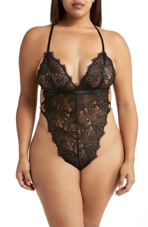 Plus Size Black Dotty Mesh See Through Teddy Lingerie - The Little