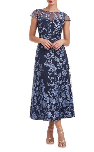 Women's Embroidered Mesh Fit & Flare A-Line Dress in Navy