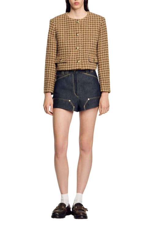 Shop Sandro Short Micro Houndstooth Jacket In Brown