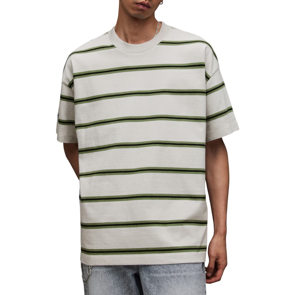 Allsaints Arden Stripe Crewneck T-shirt In Grey/green/washed Black