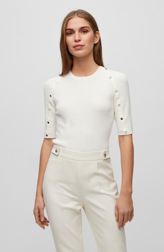 Hugo Boss Short-sleeved Sweater In Stretch Fabric With Hardware Details In Soft Cream