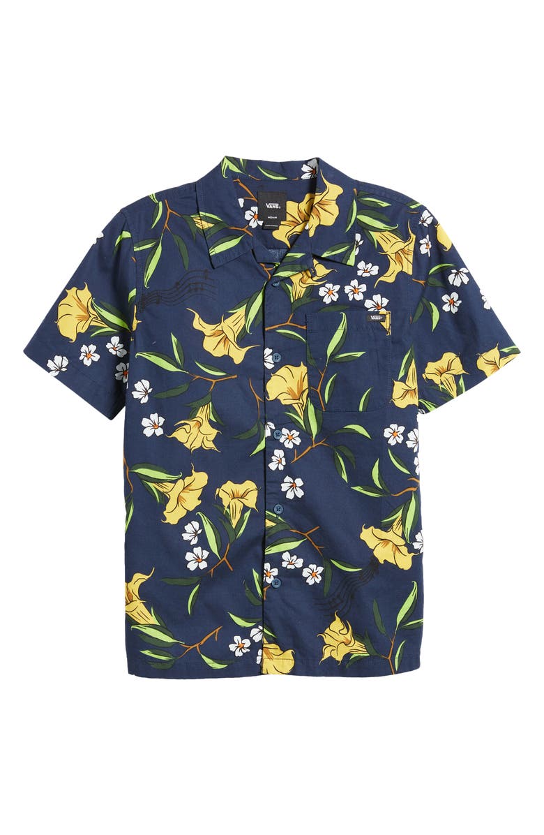 Vans Kids' Thompson Floral Short Sleeve Camp Shirt, Main, color, DRESS BLUES