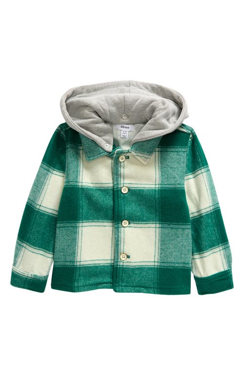 Reiss Kids' Mcfadden Plaid Shirt Jacket With Removable Hood In Green/off White