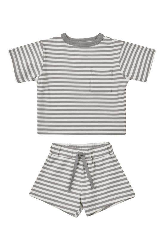 Shop Quincy Mae Boxy Pocket T-shirt & Shorts Organic Cotton Set In Lagoon-stripe