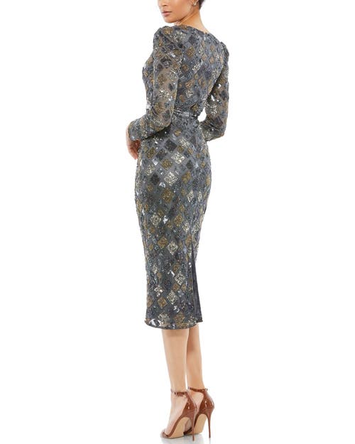 Mac Duggal Long Sleeve Geometric Sequin Midi Dress In Charcoal