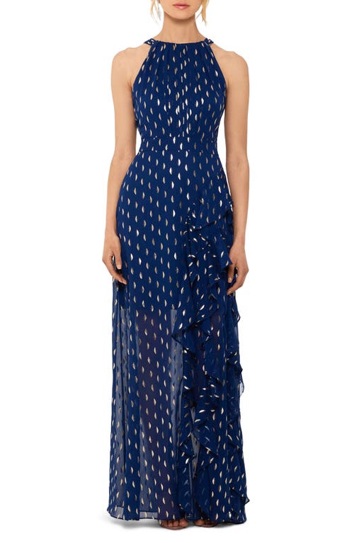 Shop Betsy & Adam Metallic Clip Dot Ruffle Halter Neck Chiffon Gown In Light Navy/gold