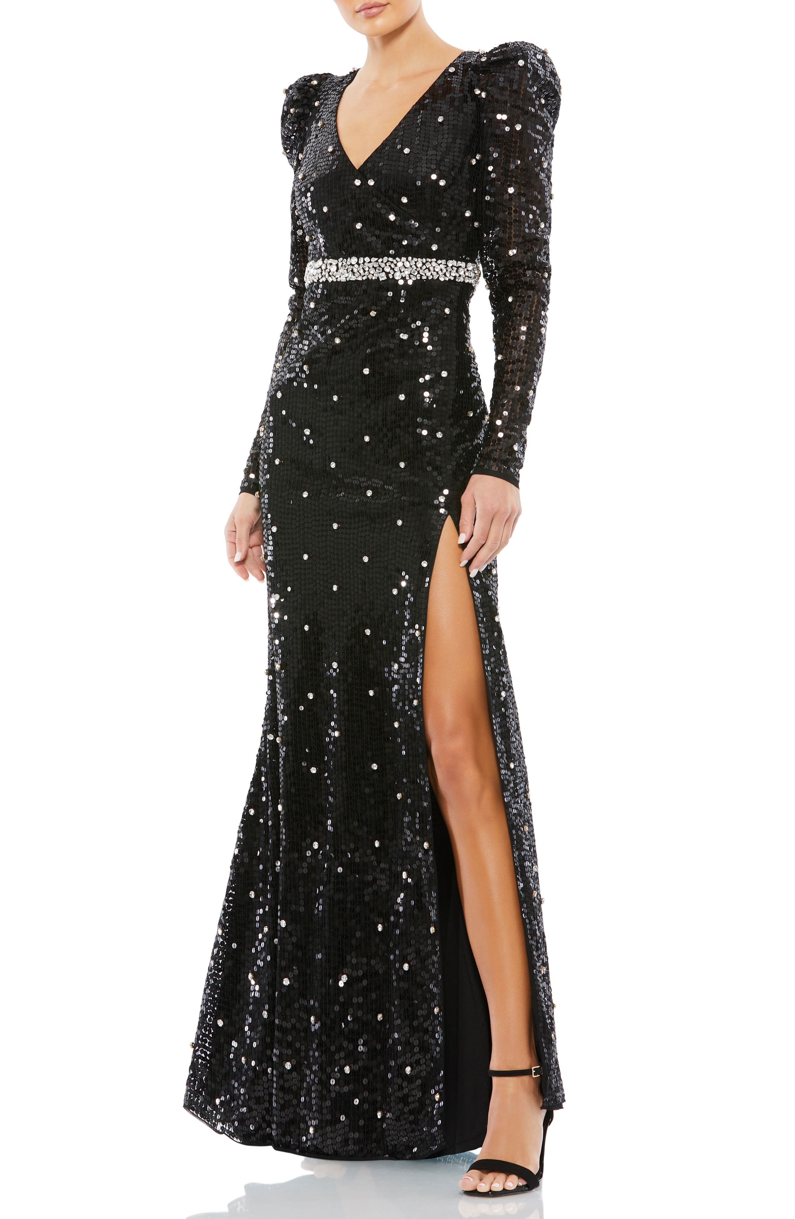 Mac Duggal Puff Shoulder Sequin Trumpet 