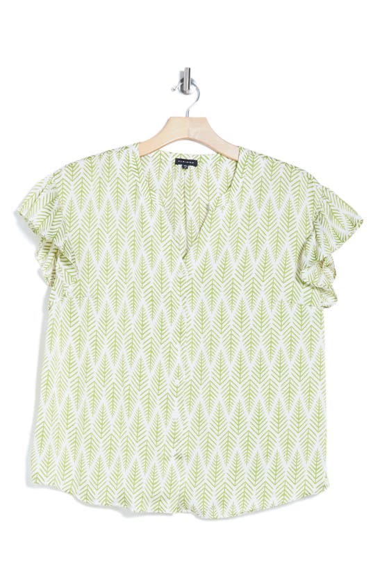 Shop Pleione Notch Neck Ruffle Sleeve Blouse In Ivory Green Fern Print