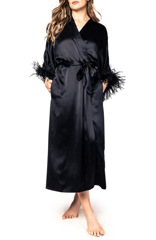 Petite Plume Silk Robe with Feather Trim in Black