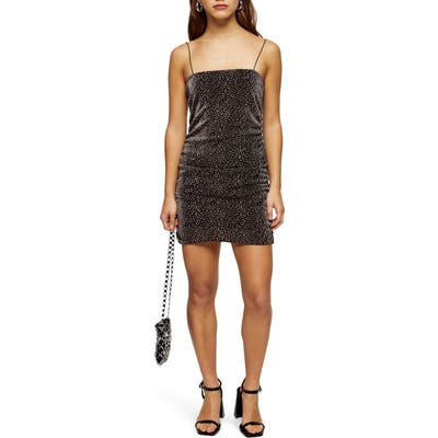 Petite Topshop Glitter Metallic Leopard Ruched Minidress, P US (fits like 10-12P) - Metallic