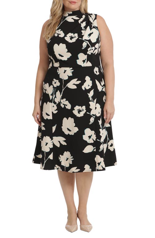 Maggy London Floral Sleeveless Midi Dress in Black Cream at Nordstrom, Size 14W