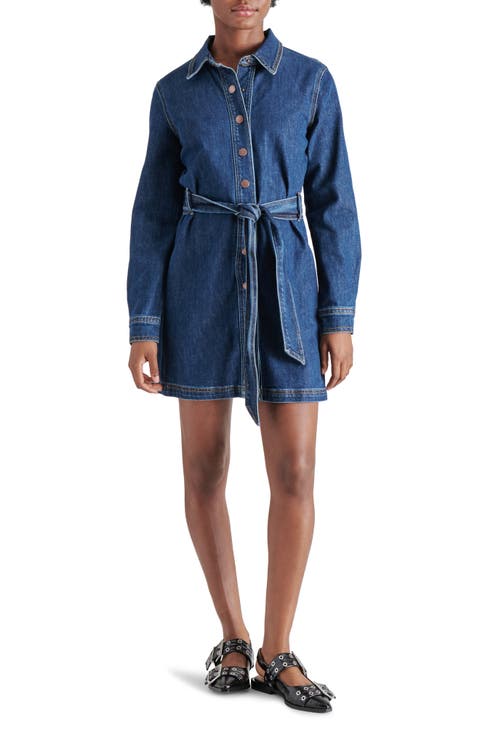 Jolena Long Sleeve Belted Denim Mini Shirtdress