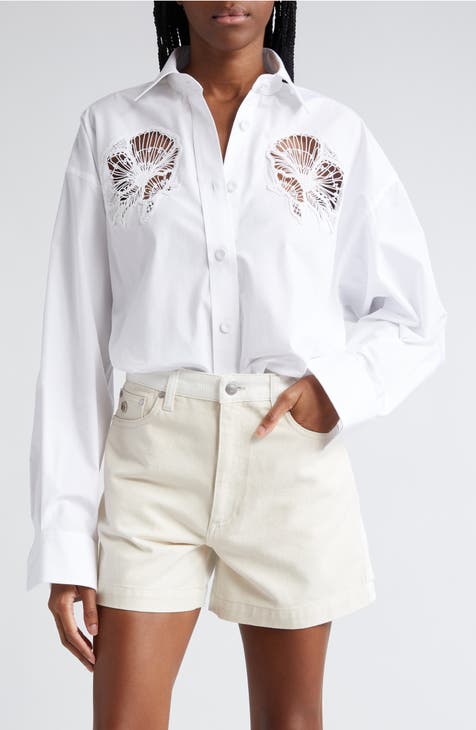 Cornelli Floral Embroidered Cutout Oversize Cotton Button-Up Shirt