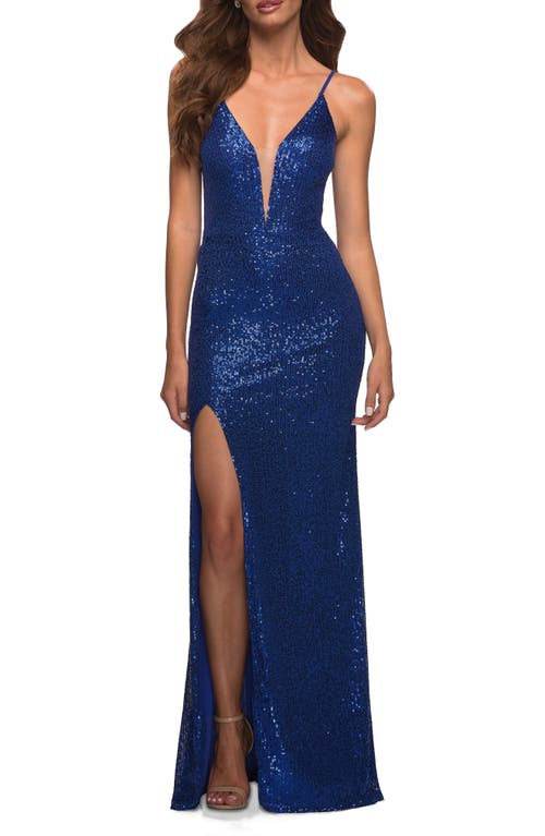 Illusion Inset Sequin Gown in Royal Blue