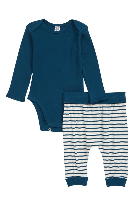 Nordstrom Babies' Kids'  Grow With Me Organic Cotton Long Sleeve Bodysuit & Pants Set In Teal Seagate- Ivory Stripe