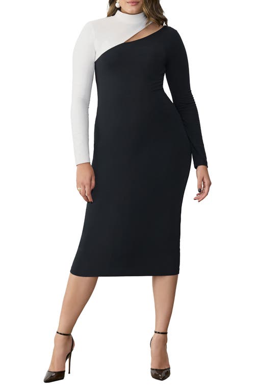Downtown Colorblock Cutout Long Sleeve Body-Con Dress in Black And White
