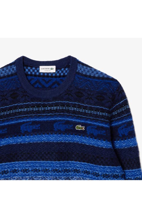 Shop Lacoste Pattern Stripe Wool Blend Sweater In Uib Cobalt/multico