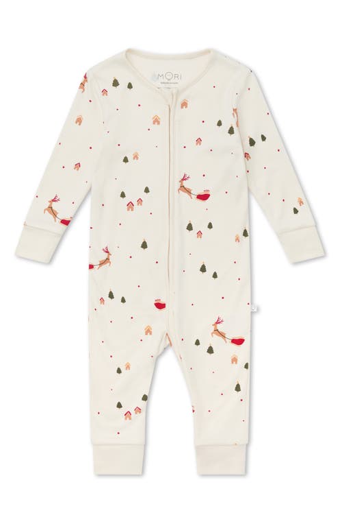 MORI Autumn Print Fitted One-Piece Pajamas in Tofu Christmas Print 