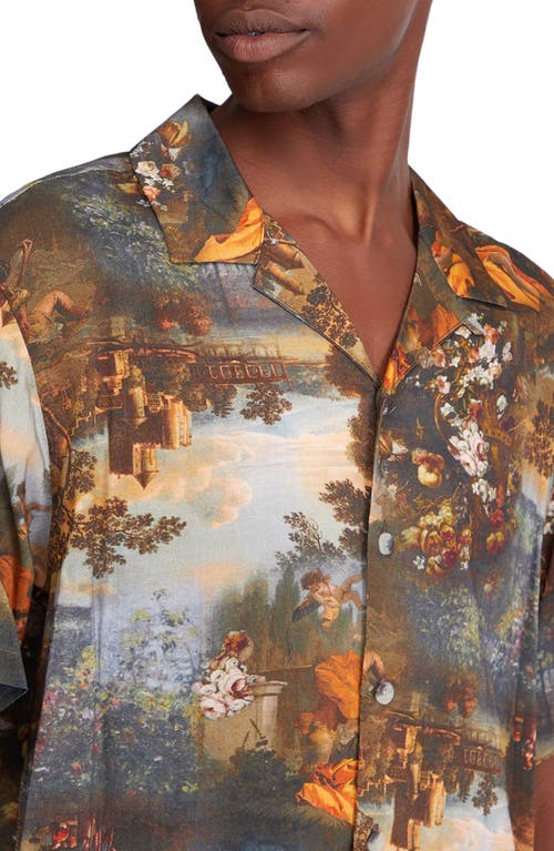 PacSun Vignette Print Short Sleeve Linen & Cotton Button-Up Camp Shirt in Multi Brown