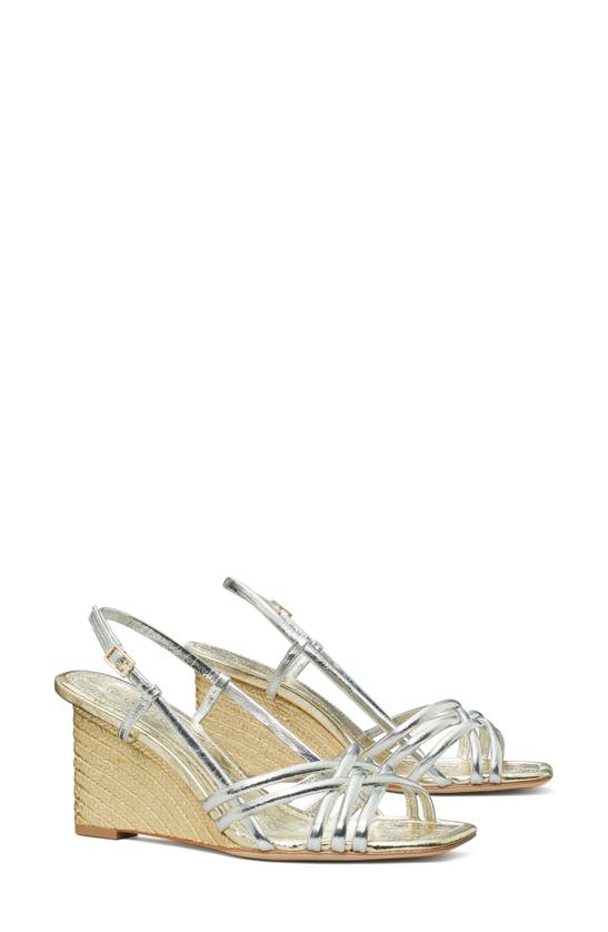 Shop Tory Burch Metallic Wedge Espadrille Sandal In Shiny Silver / Spark Gold