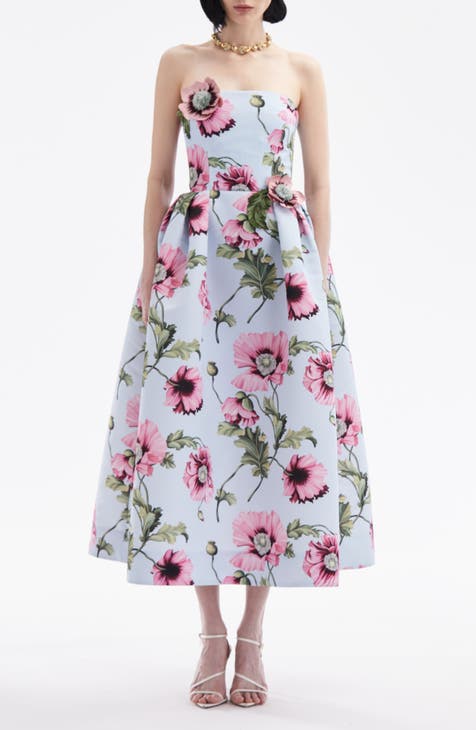 Poppies Strapless Cocktail Midi Dress