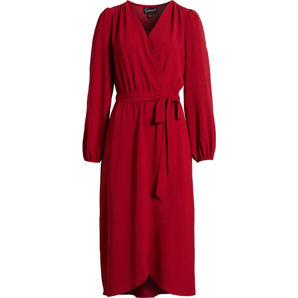 Connected Apparel Long Sleeve Faux Wrap Midi Dress In Garnet