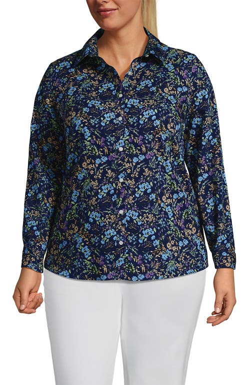 Shop Lands' End Plus Size No Iron Button Front Shirt In Deep Sea Navy Wildflowers