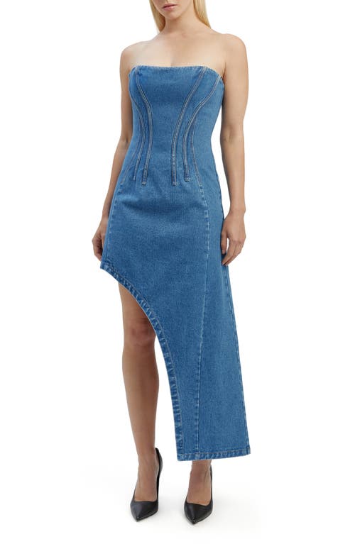 Bardot Amory Strapless Asymmetric Hem Corset Denim Dress Vintage Blue at Nordstrom,