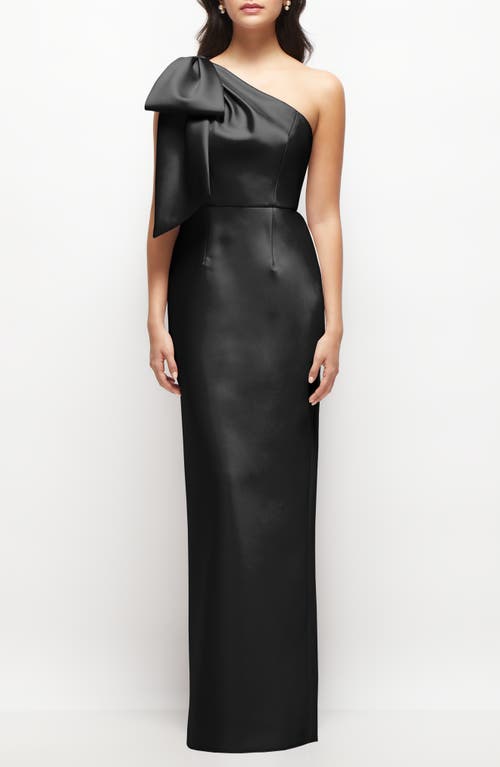 Alfred Sung Bow Detail One-Shoulder Satin Twill Column Gown in Black 