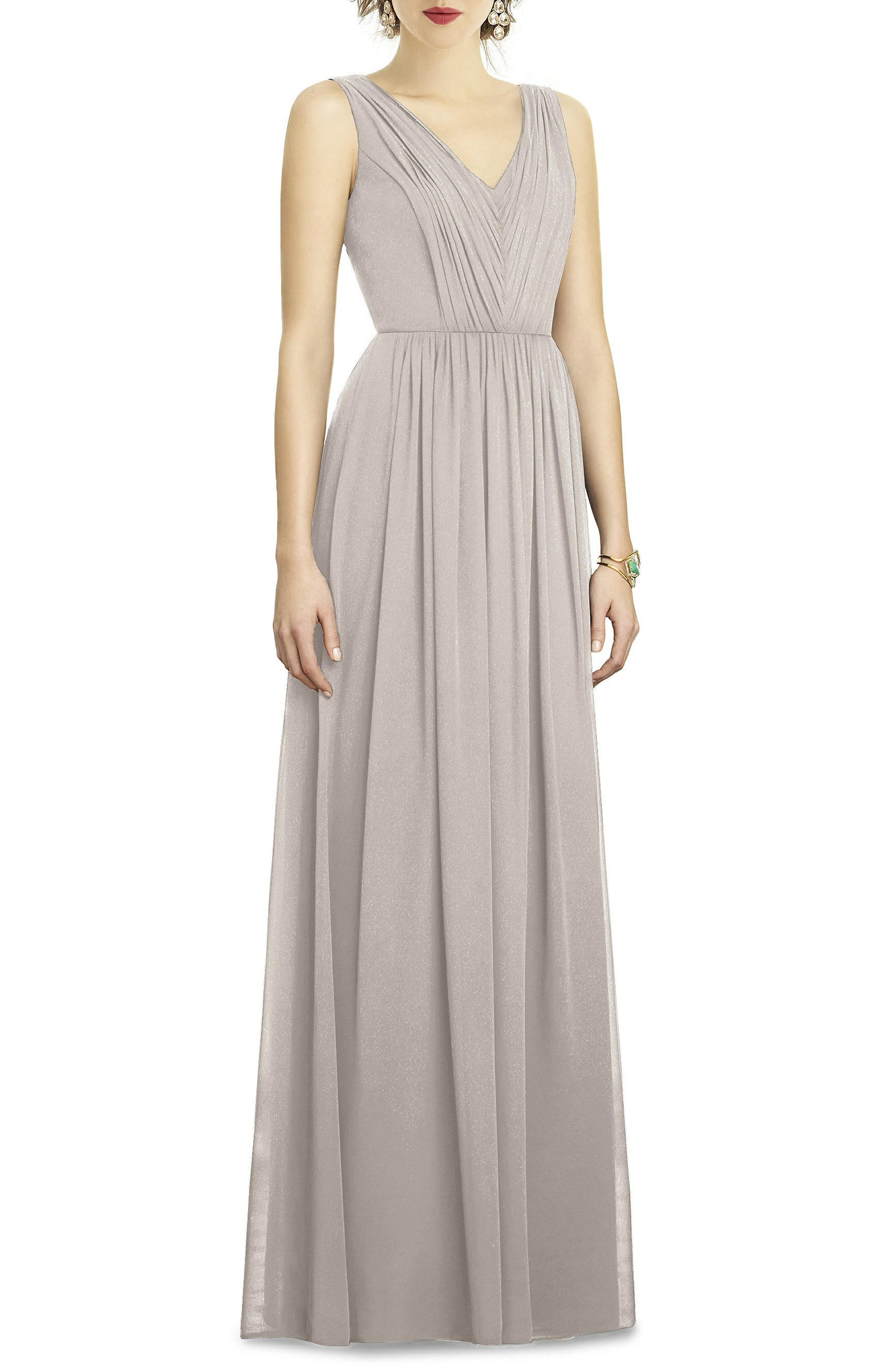 Dessy Collection Shirred Shimmer Chiffon Gown, Beige