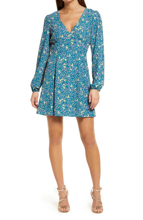 Long Sleeve Floral Mini Dress in Teal/Gold Ditsy