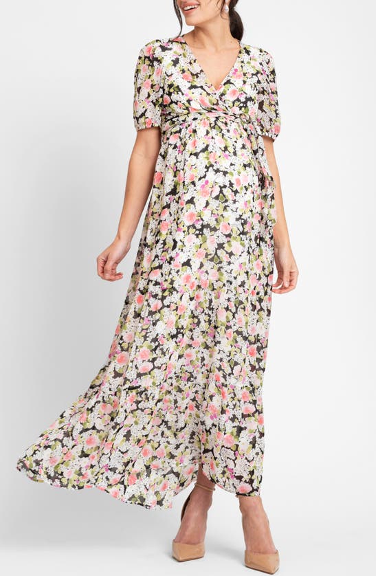 Seraphine Floral Maternity/nursing Maxi Dress In Black Floral Multi