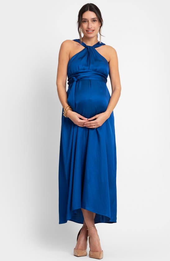 Shop Seraphine Convertible Satin Maternity Maxi Dress In Cobalt