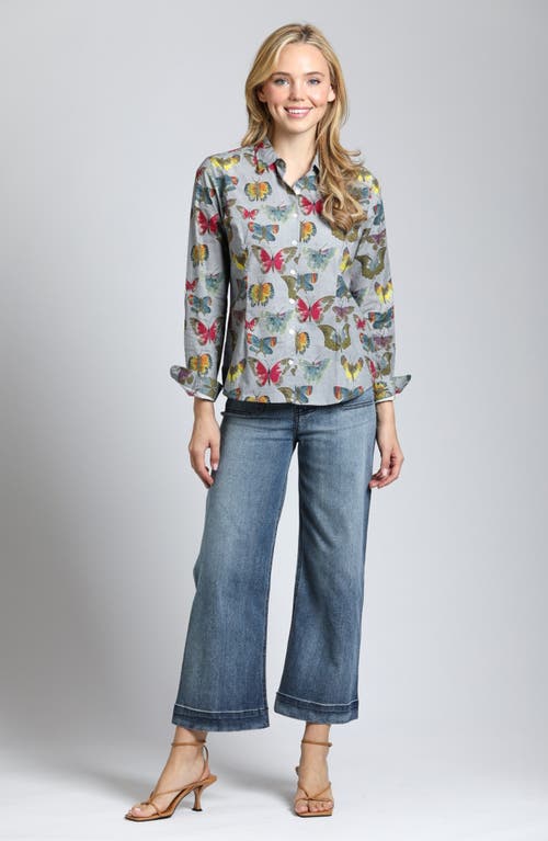 Shop Apny Butterfly Print Poplin Button-up Shirt In Grey Multi