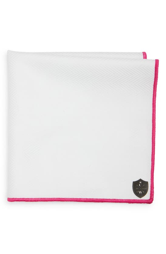 Clifton Wilson White Cotton Herringbone Pocket Square With Fuchsia Trim In Fuchsia