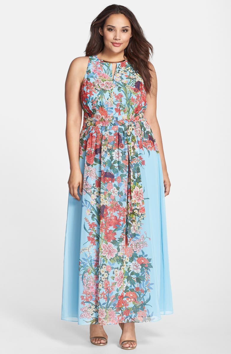 Adrianna Papell Embellished Keyhole Floral Print Chiffon Maxi Dress ...