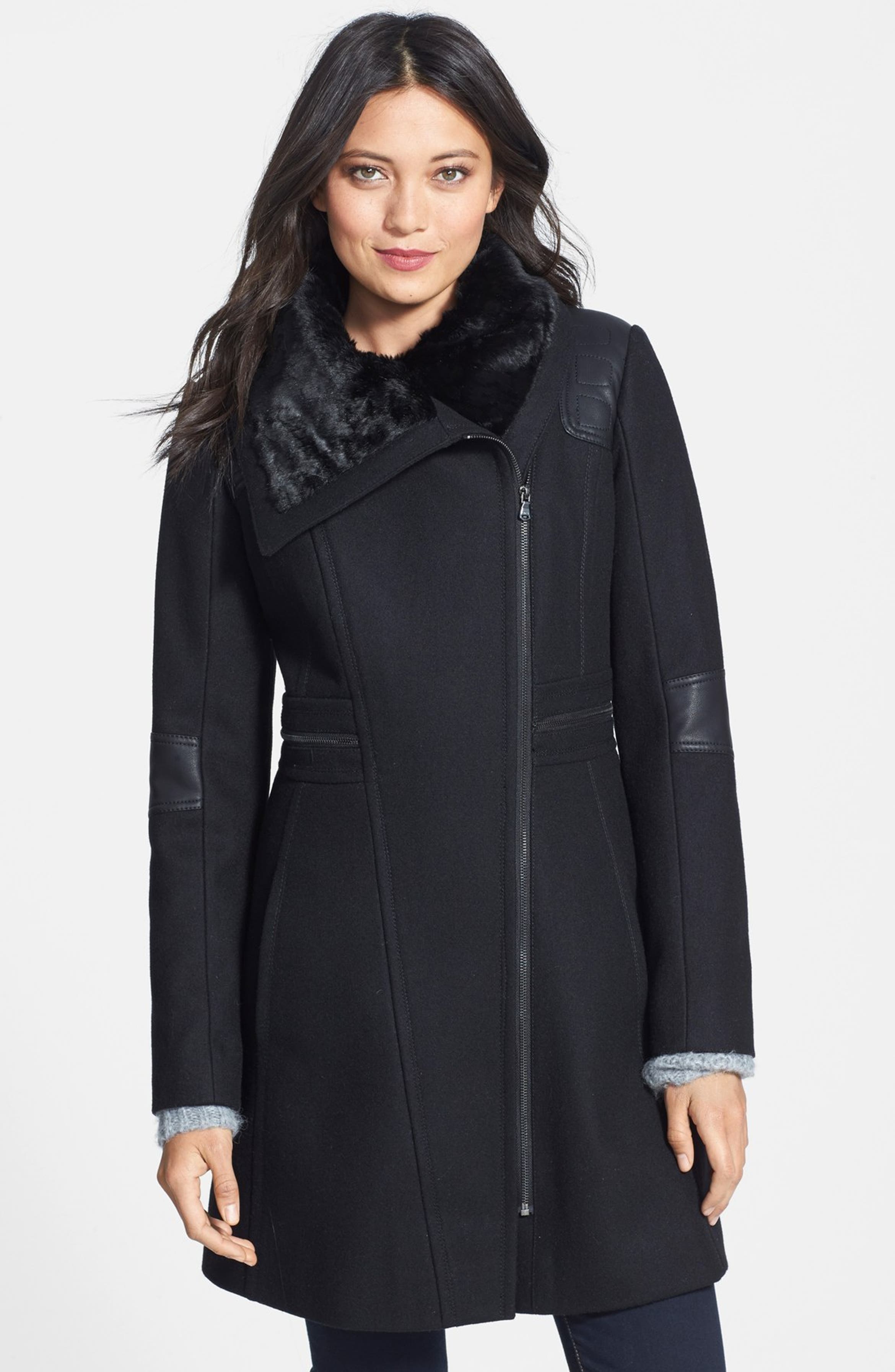 GUESS Asymmetrical Zip Wool Blend Coat with Faux Fur & Faux Leather ...