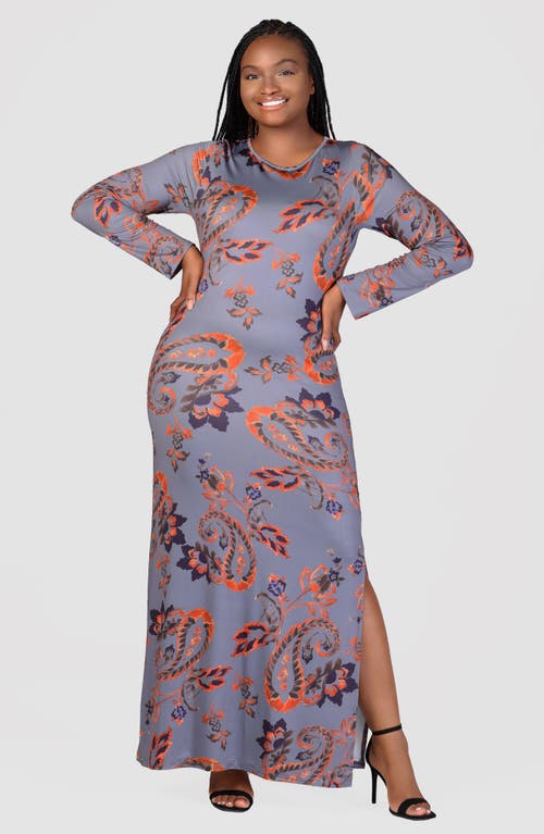 Shop 24seven Comfort Apparel Paisley Print Long Sleeve Maxi Dress In Orange Multi