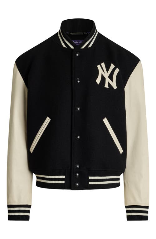 Shop Ralph Lauren Purple Label New York Yankees Mixed Media Varsity Jacket In Black Multi/polo Black