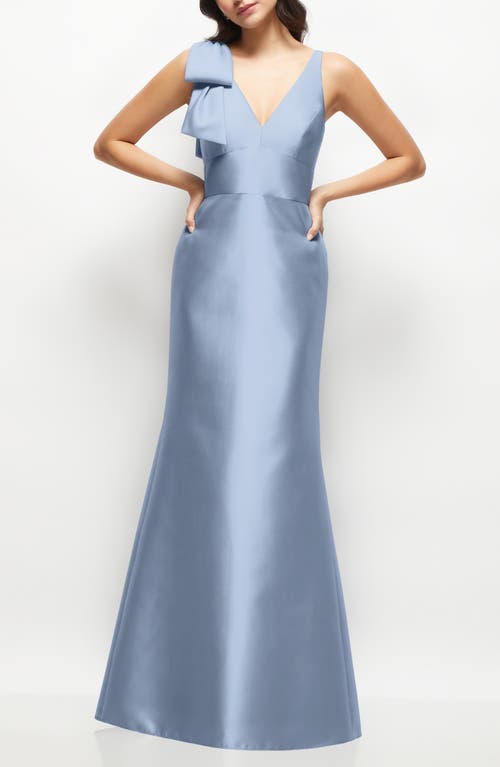 Alfred Sung Deep V-back Satin Trumpet Dress With Cascading Bow At One Shoulder In Cloudy