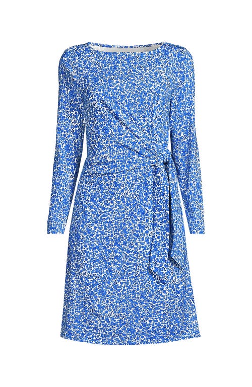 Shop Lands' End Long Sleeve Lightweight Cotton Modal Boatneck Tie Waist Dress In Blue Jay Flowers