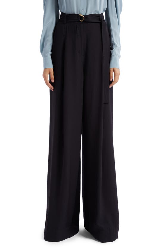 Ulla Johnson Lydia Belted Satin Back Crepe Wide-leg Pants In Noir