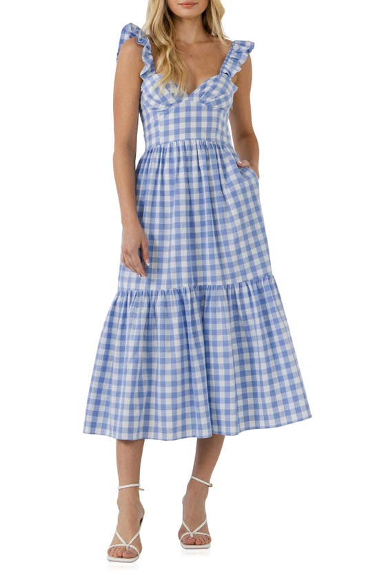 English Factory Gingham Tiered Sleeveless Cotton Midi Dress In Blue/ White