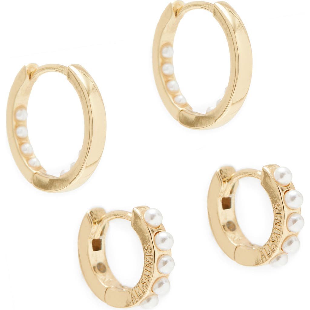 Shop Allsaints Set Of 2 Imitation Pearl Huggie Hoop Earrings In Pearl/gold