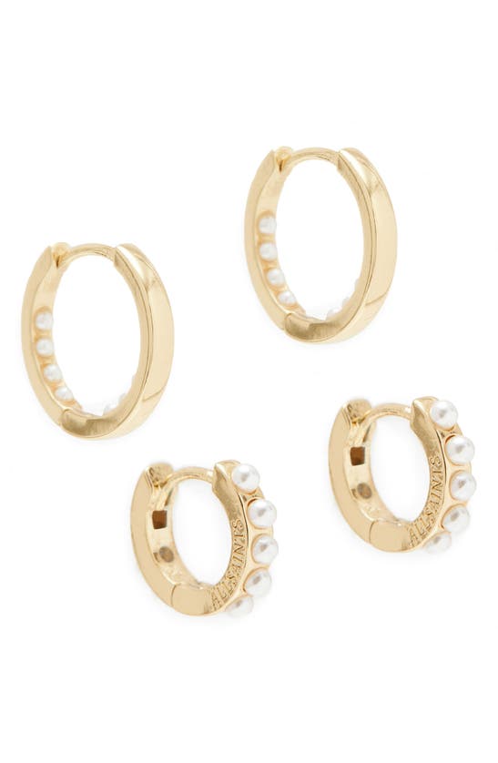 Allsaints Set Of 2 Imitation Pearl Huggie Hoop Earrings In Gold