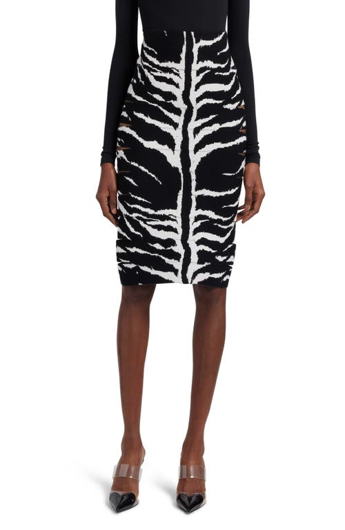 Alaïa Animal Stripe Slashed Knit Pencil Skirt In Blanc/noir