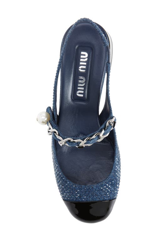 Shop Miu Miu Chain Crystal Embellished Slingback Cap Toe Pump In Denim/black