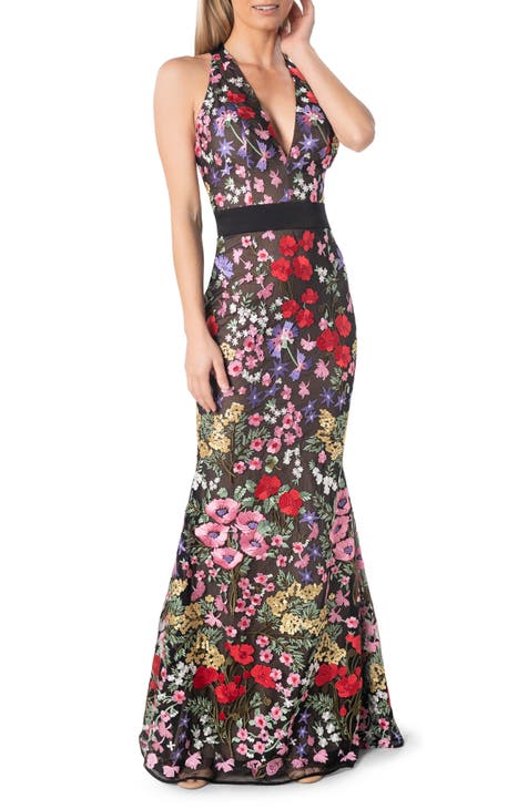 Maxi Long Black Dress With Floral Embroidery Corset Belt 