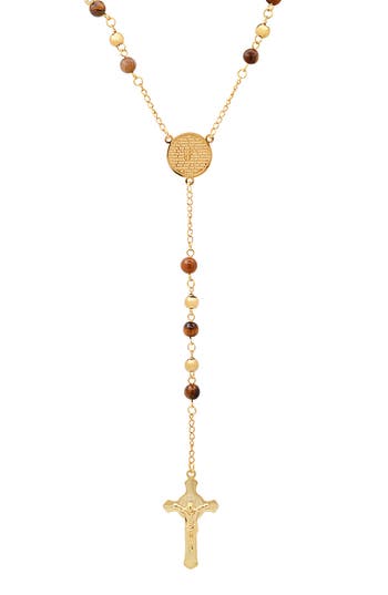 Hmy Jewelry Mens' 18k Gold Plate Stainless Steel Crystal Rosary Necklace In Brown/gold